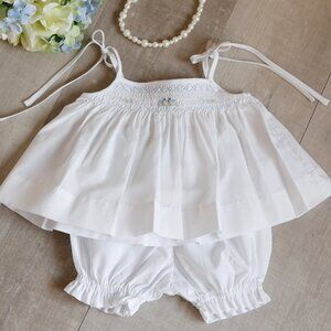 White Smocked Feltman Brothers Two Piece Set Blue Embroidery NWT